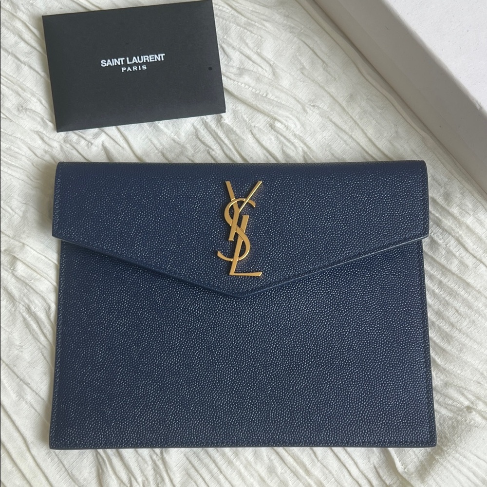 YSl Envelope Uptown Clutch with Gold Logo Navy Blue Leather